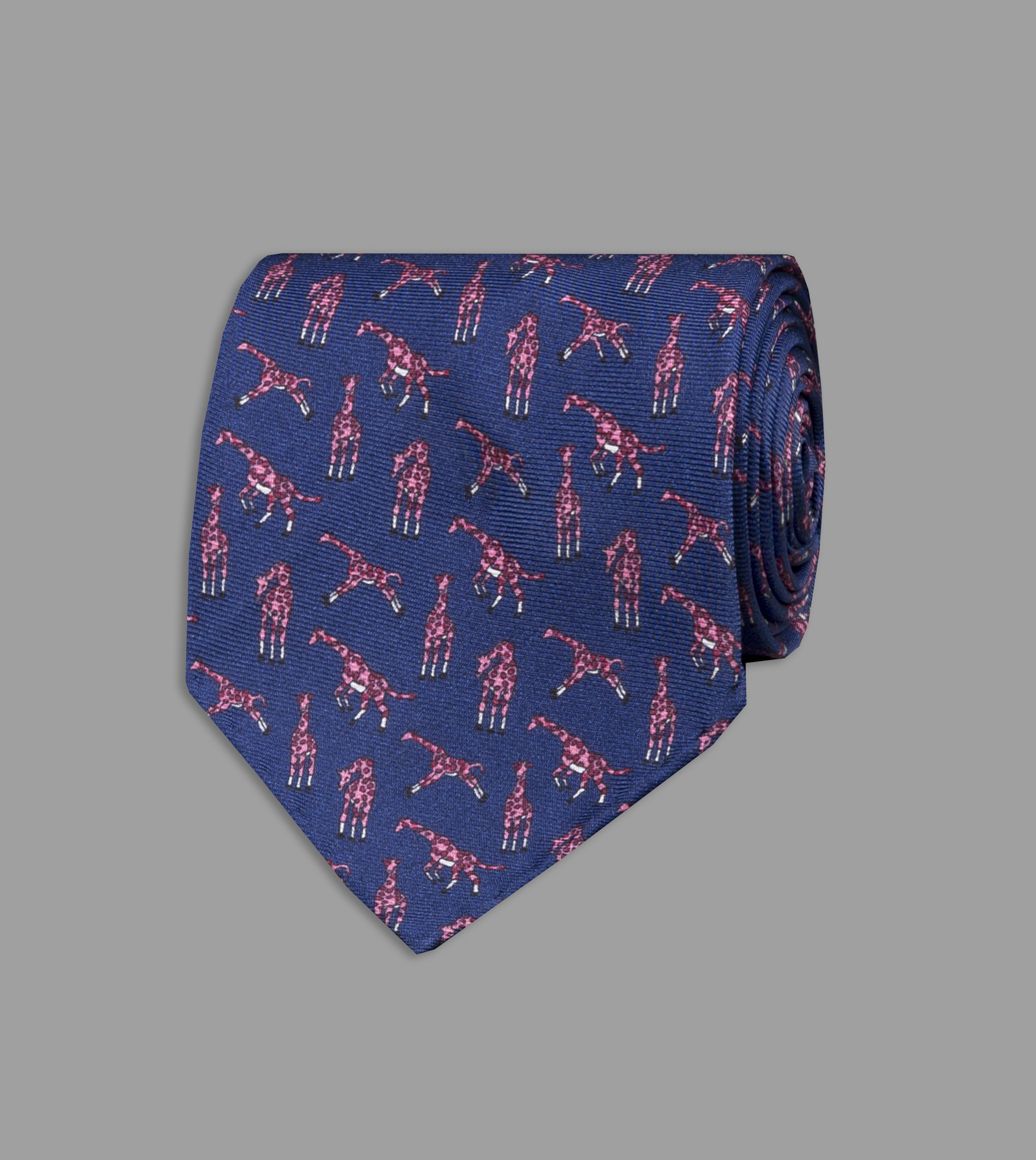 Navy Giraffe Print Silk Tie