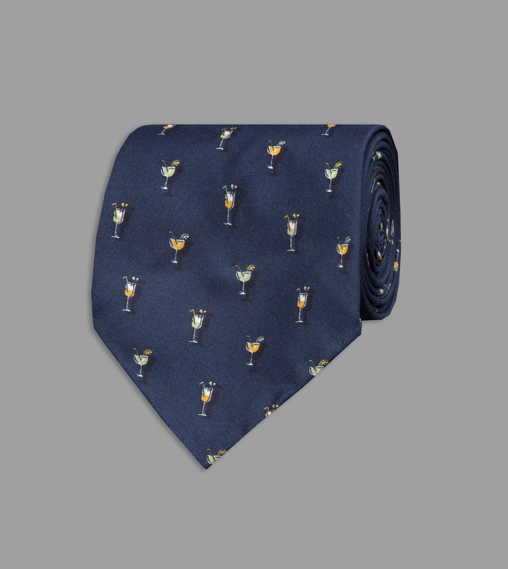 Navy Cocktail Print Silk Poplin Tie