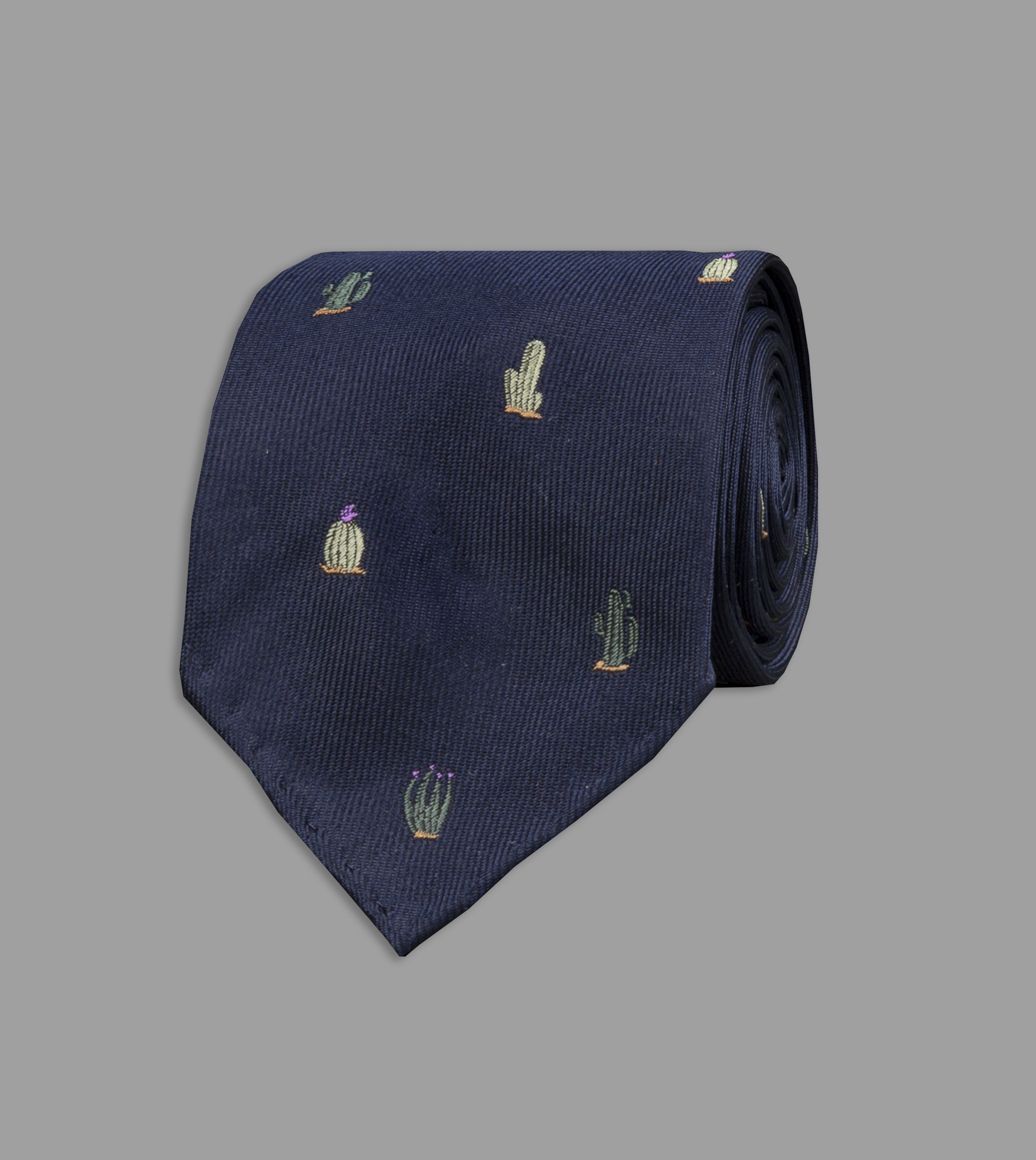 Navy Cactus Motif Silk Tie