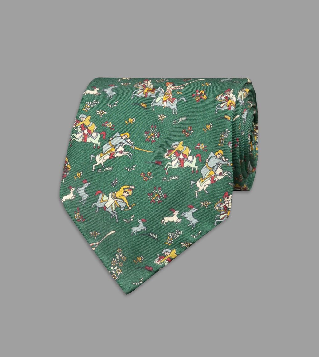 Green Mini Mughal Hunter Print Silk Tie