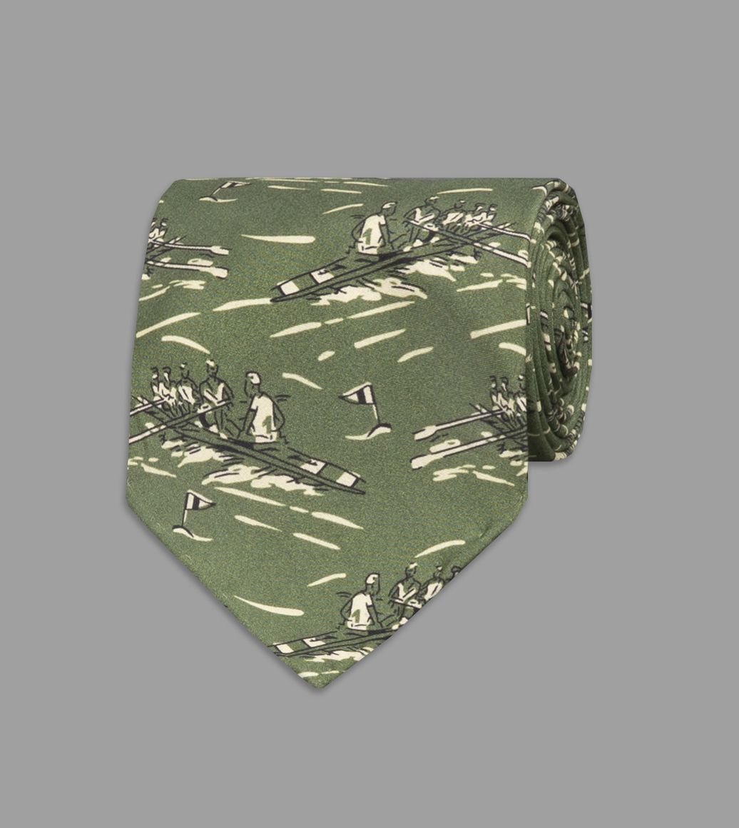 Khaki Row Boat Print Silk Tie