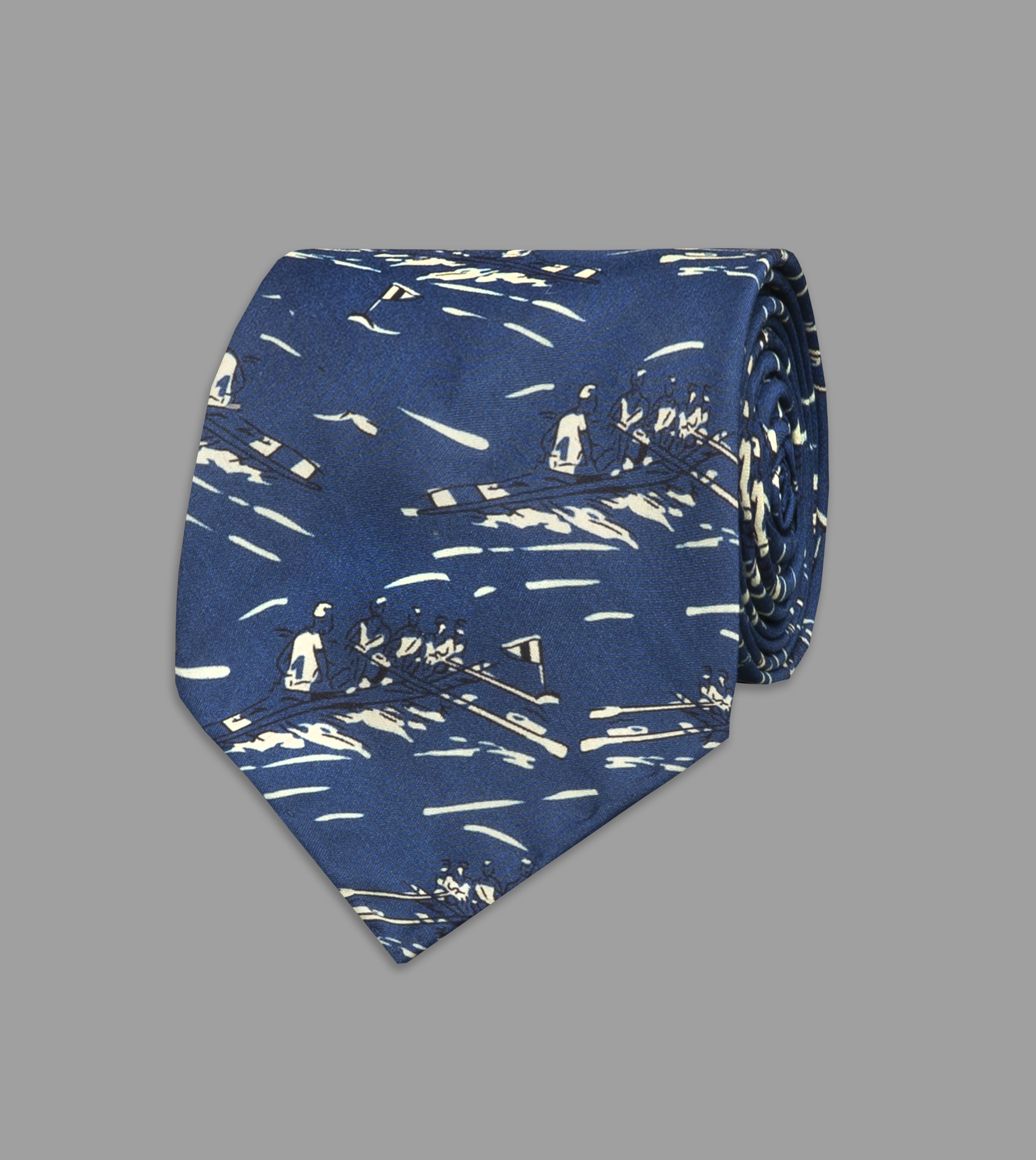 Dark Blue Row Boat Print Silk Tie