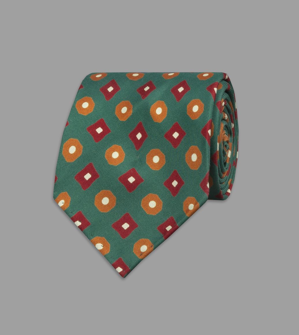 Green Geometric Medallion Print 36oz Madder Silk Tie