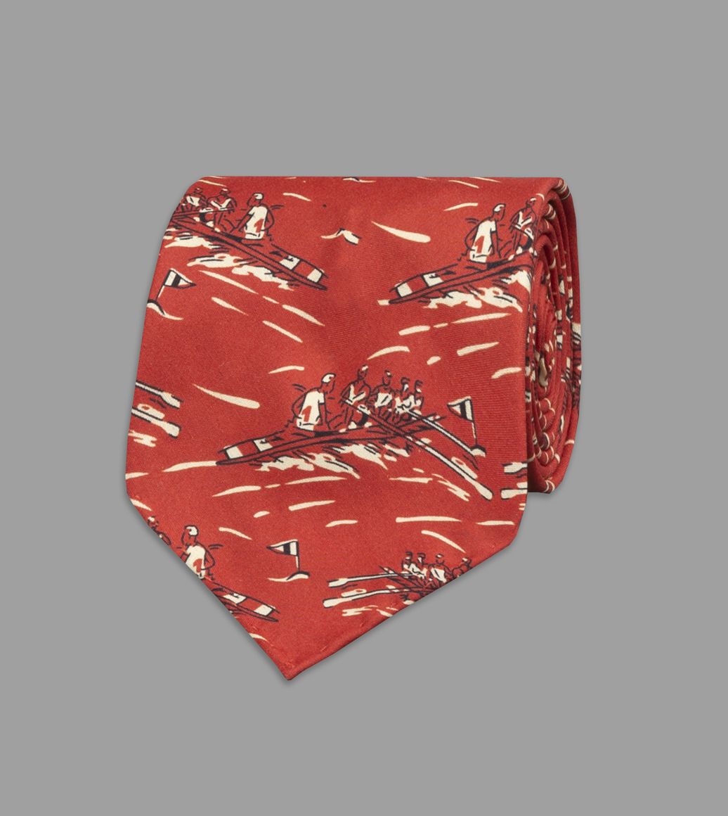 Red Row Boat Print Silk Tie