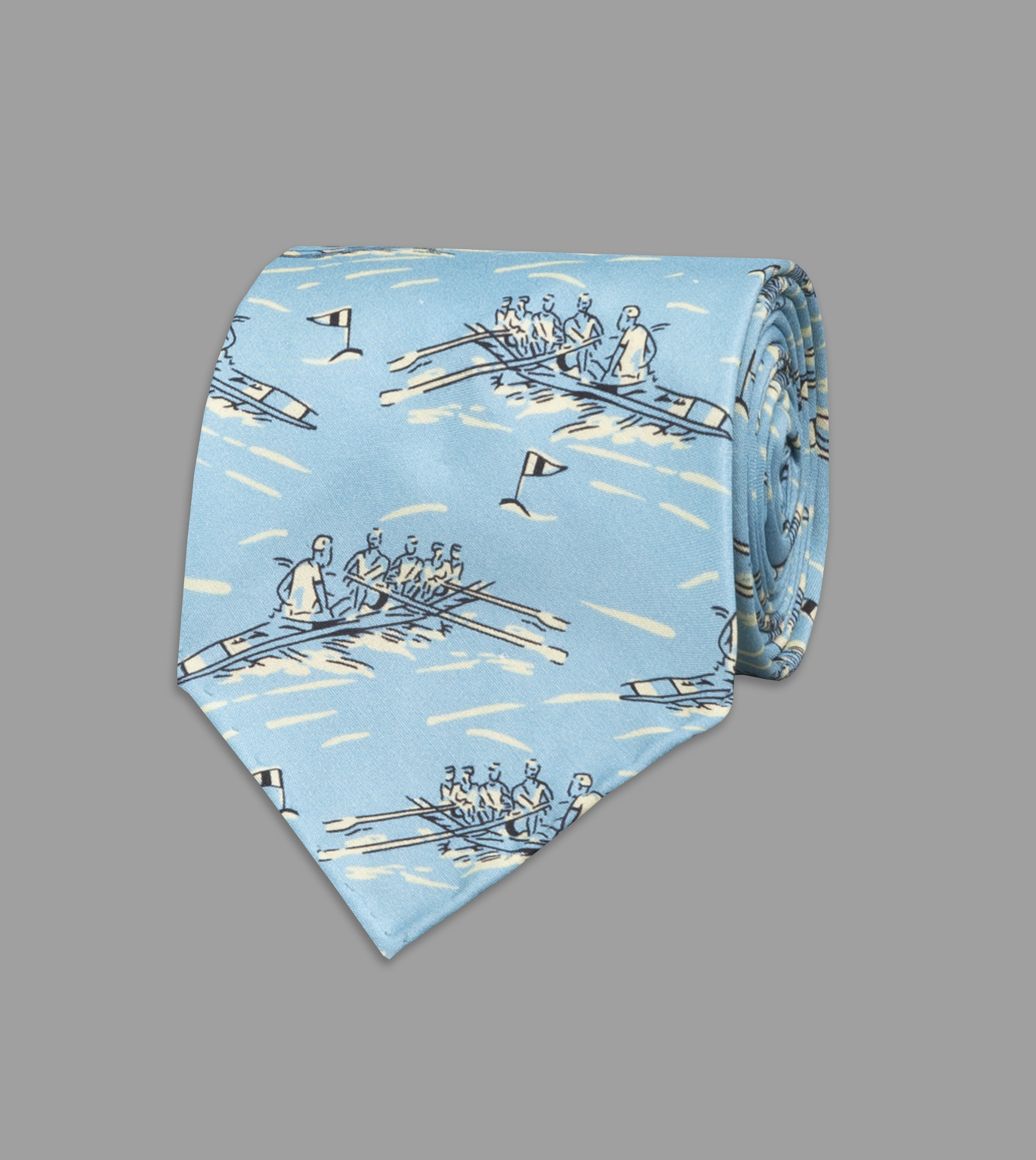Light Blue Row Boat Print Silk Tie