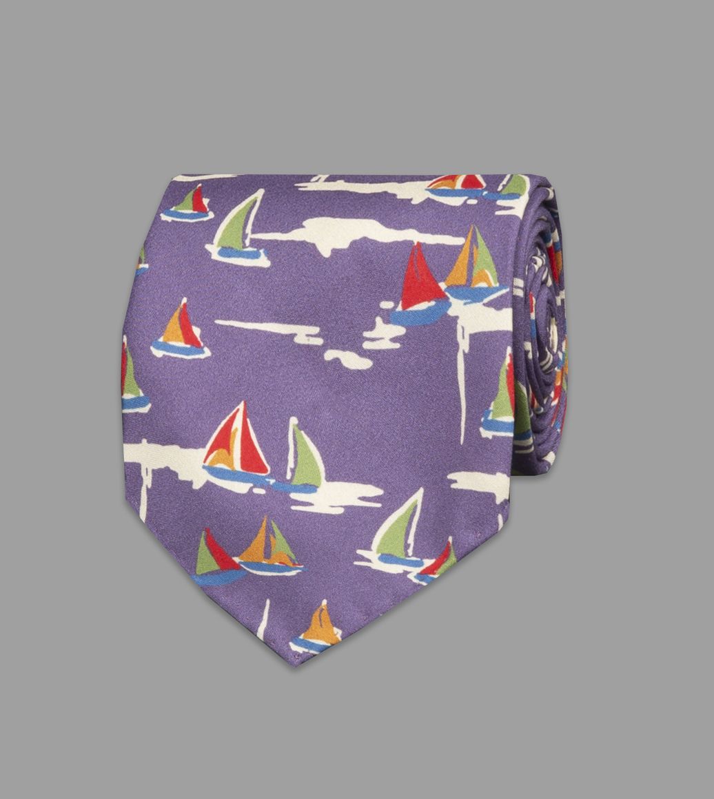 Mauve Sailboat Print Silk Tie
