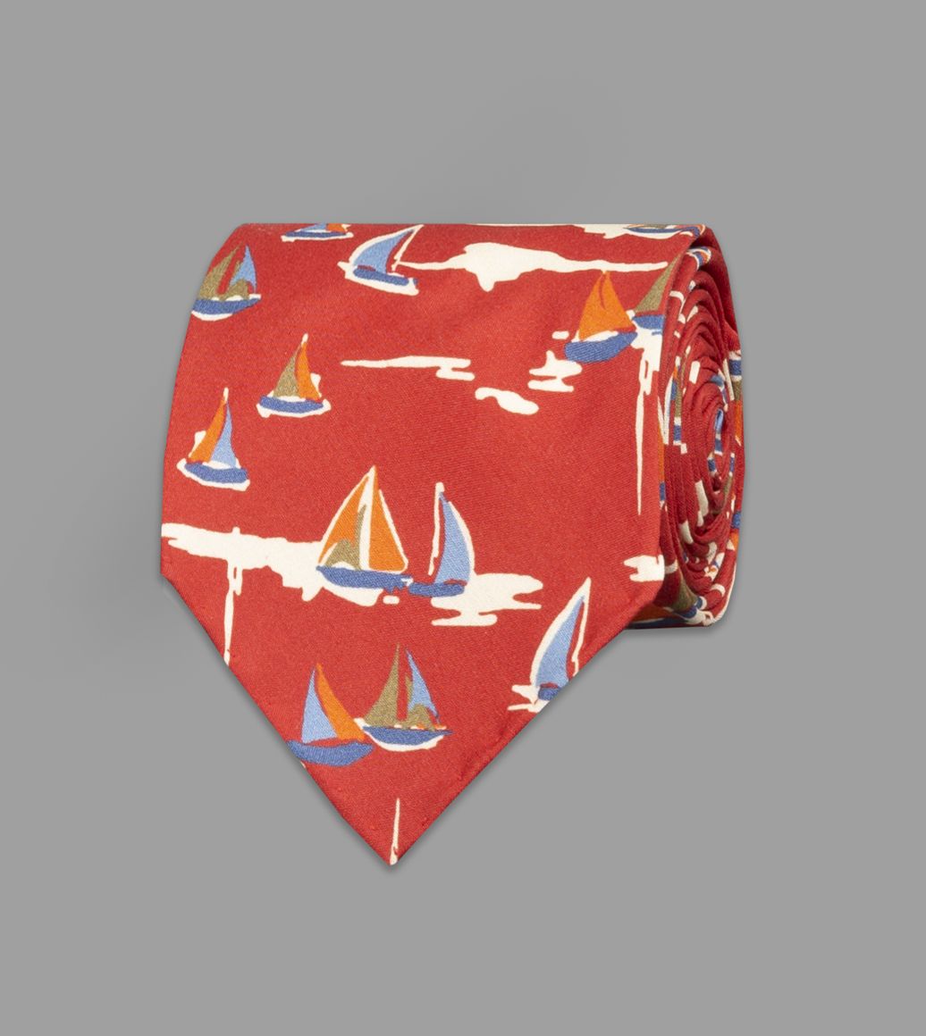 Red Sailboat Print Silk Tie