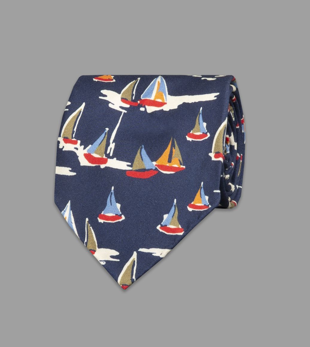 Navy Sailboat Print Silk Tie