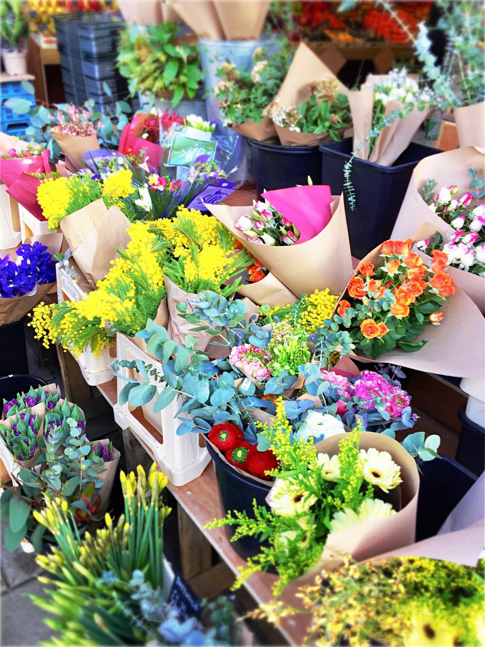 鮮やかなカラーのお花が並ぶお花屋さん