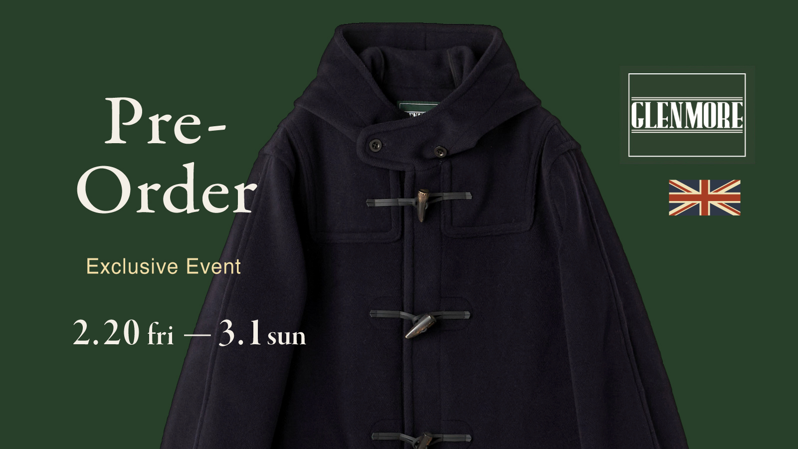 プレオーダー|英国製 GLENMORE(グレンモア)のダッフルコート 先行予約を受付